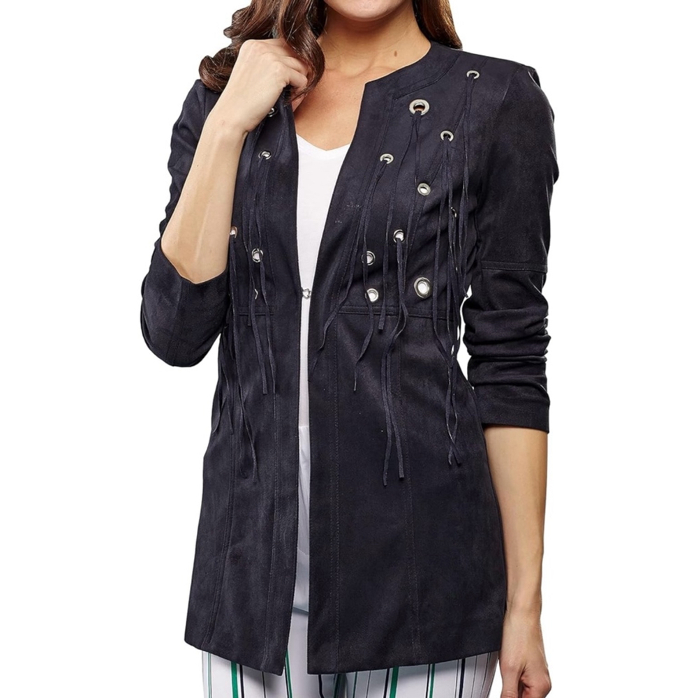 Lena Gabrielle Long 4 Way Stretch Suede Jacket Fringe In Marine Western Boho
